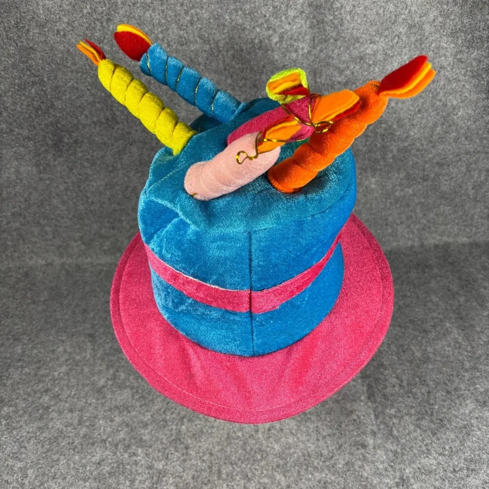 Novelty Happy Birthday Cake Plush Hat Top Hat Multicolor Candles One Size Blue